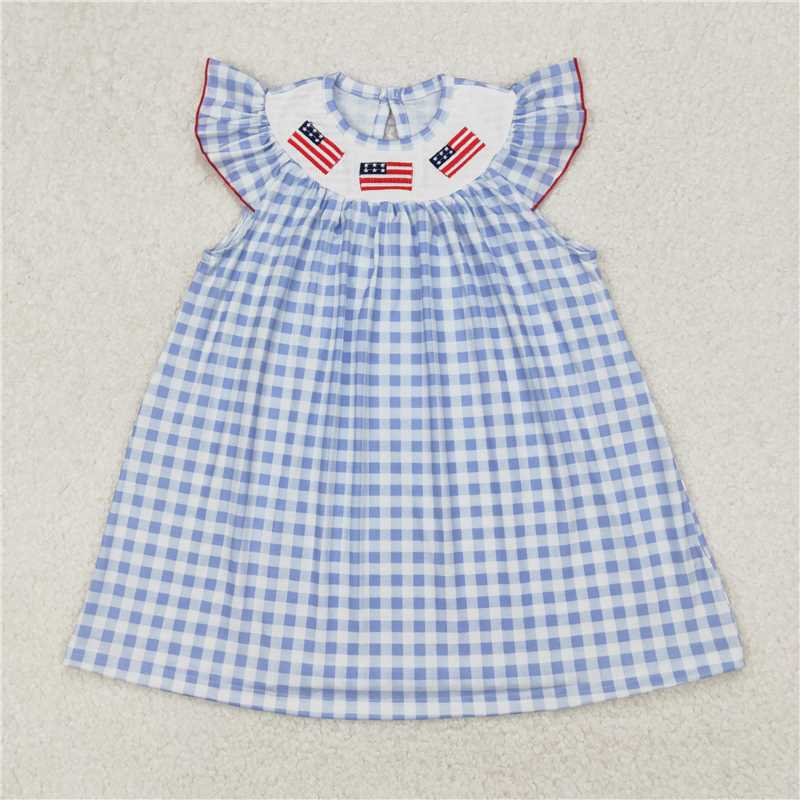 1.5 RTS NO MOQ (In stock)GSD1817 4th of July Smocked Baby Girls 4th Of July Flags Knee Length Dresses