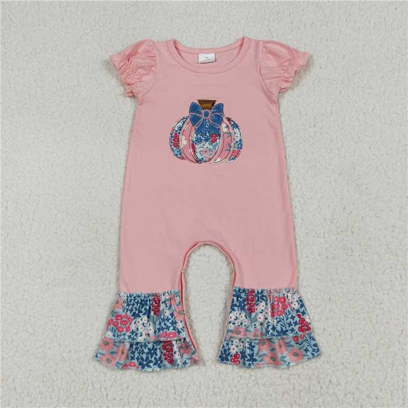 11.18 RTS NO MOQ (In stock)Matching SR3112 Embroidery Baby Girls Pink Short Ruffle Sleeves Floral Pumpkins Rompers