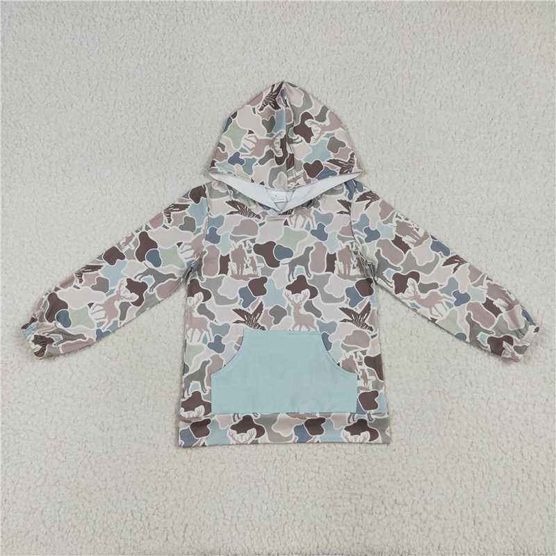 11.3 RTS NO MOQ (In stock)Matching BT1268 Baby Boys Long Sleeves Gray Camo Ducks Pocket Hoodies Tops