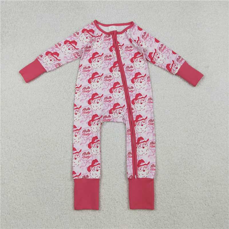 11.27 RTS NO MOQ (In stock)LR2243 Baby Girls Pink Bows Santa Christmas Zipper Footie Rompers