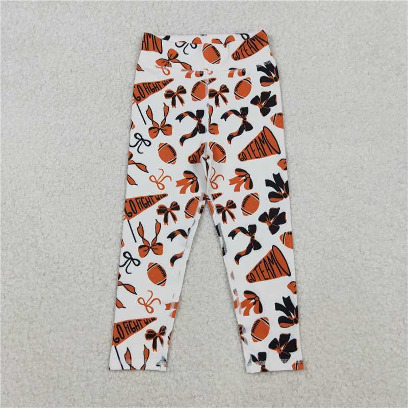 10.21 RTS NO MOQ (In stock)Matching P0847 Baby Girls Orange Black Bows Footballs Go Team Yoga Active Leggings Bottom