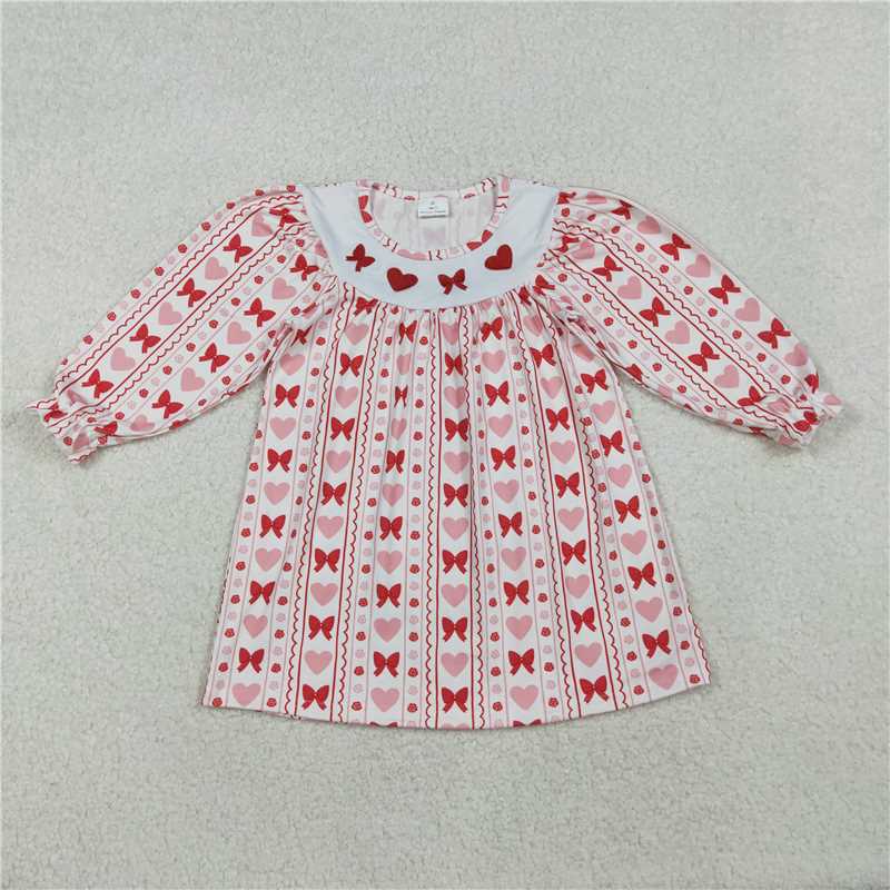 12.3 RTS NO MOQ (In stock)Matching Valentine GLD1336 Embroidery Bows Hearts Baby Girls Stripes Valentine Knee Length Dresses
