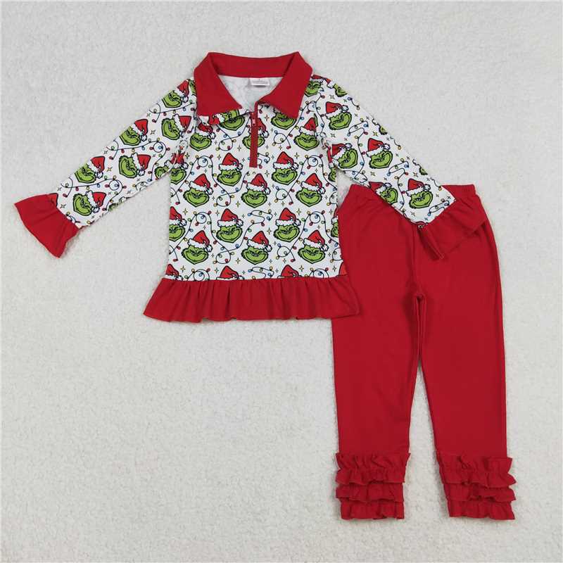 10.28 RTS NO MOQ (In stock)Matching Christmas GLP2714 Baby Girls Christmas Lights Grin Zipper Pullover Legging Pants Clothes Set