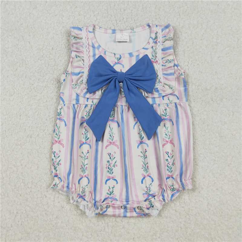 12.13 RTS NO MOQ (In stock)Matching SR3045 Baby Girls Pink Blue Flowers Bows Stripe Ruffle Rompers