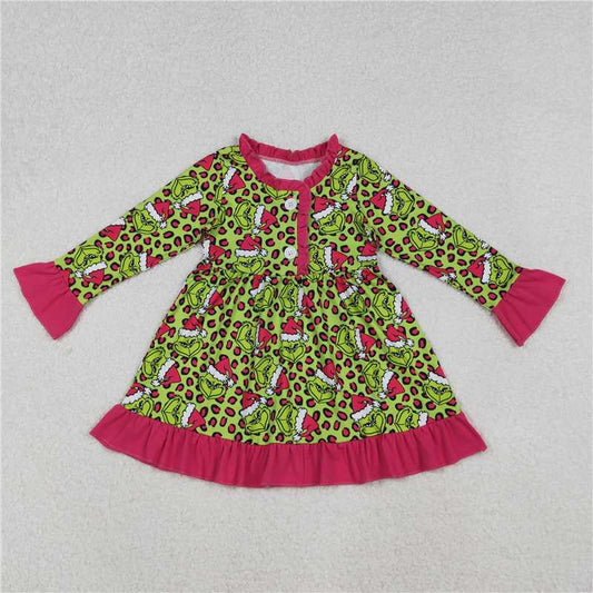10.22 RTS NO MOQ (In stock)Matching Christmas GLD1254 Baby Girls Green Leopard Grin Christmas Button Ruffle Knee Length Dresses