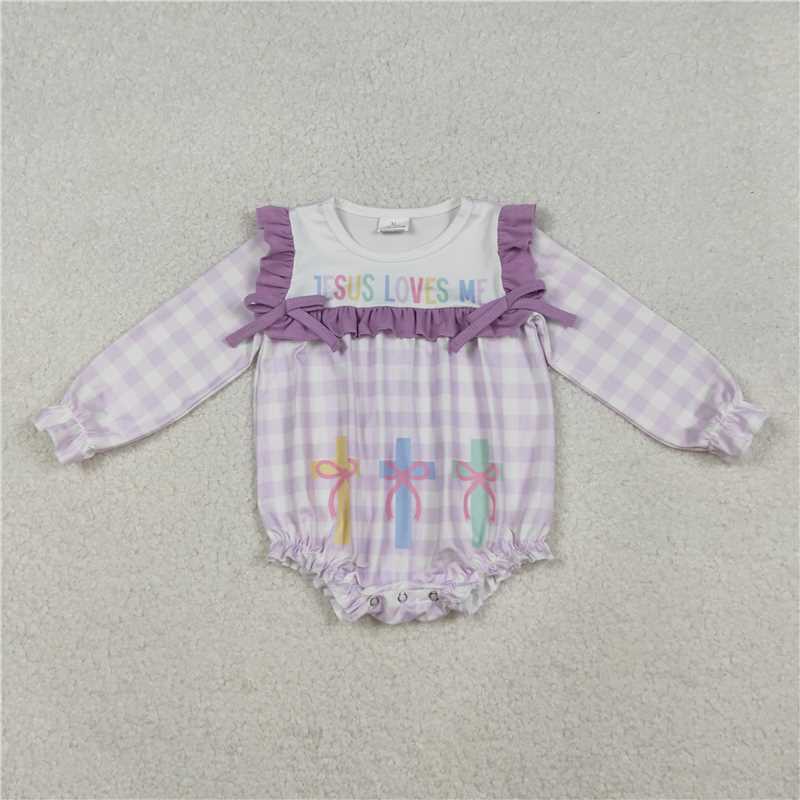 11.13 RTS NO MOQ (In stock)Matching LR2740 Baby Girls Lavender Checked Jesus Love Me Cross Ruffle Rompers