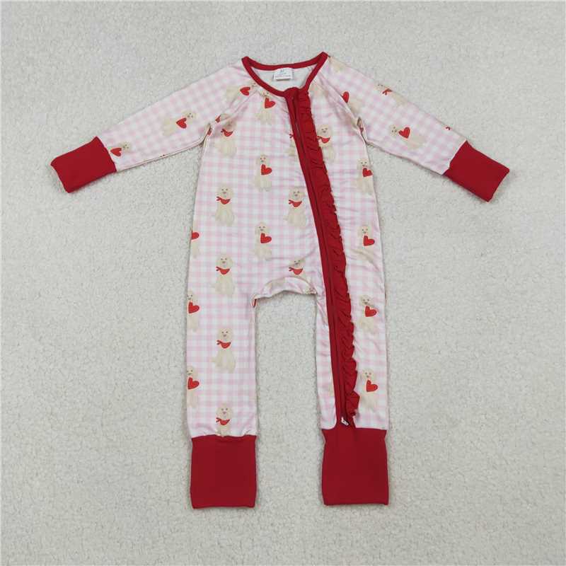 10.22 RTS NO MOQ (In stock) Matching Valentine LR2681 Baby Girls Pink Checked Dogs Hearts Valentine Ruffle Zipper Footie Romper