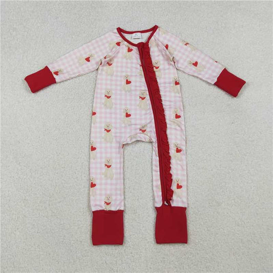 10.22 RTS NO MOQ (In stock) Matching Valentine LR2681 Baby Girls Pink Checked Dogs Hearts Valentine Ruffle Zipper Footie Romper