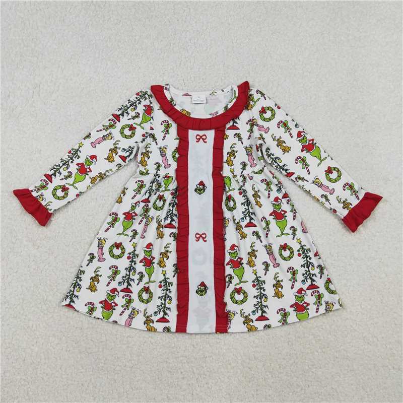 12.3 RTS NO MOQ (In stock)Matching Christmas GLD1289 Embroidery Bows Grin Baby Girls Christmas Collar Knee Length Dresses