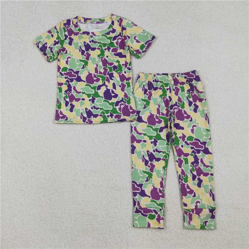 12.19 RTS NO MOQ (In stock)BSPO0584 Baby Boys Mardigras Camo Short Sleeve Pant Pajamas Sets