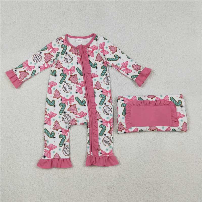 11.27 RTS NO MOQ (In stock)LR2486 Baby Girls Candy Cane Trees Christmas Ruffle Zipper Footie Rompers