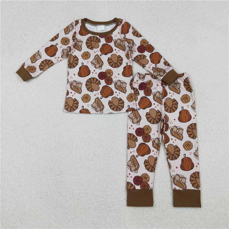 10.27 RTS NO MOQ (In stock) Matching Thanksgiving GLP2884 Baby Girls Pie Turkey Pumpkins Pant Thanksgiving Pajamas Sets