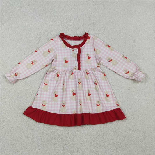 10.22 RTS NO MOQ (In stock)Matching Valentine GLD1322 Baby Girls Pink Checked Dogs Hearts Button Ruffle Valentine Knee Length Dress