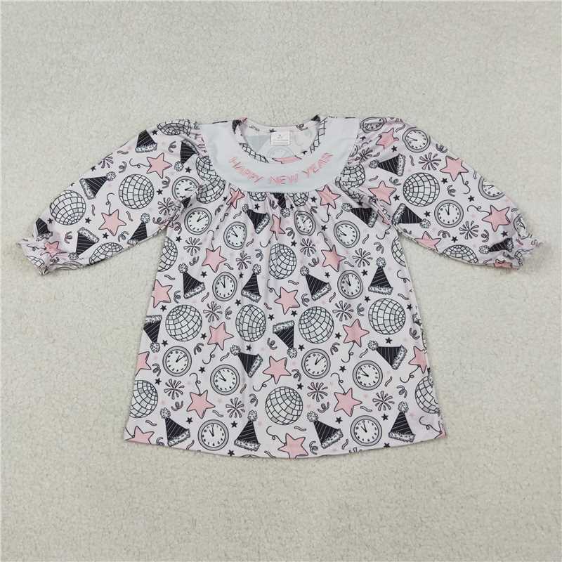 10.31 RTS NO MOQ (In stock)Matching Happy New Year GLD1231 Embroidery Happy New Year Baby Girls Stars Firework Knee Length Dresses