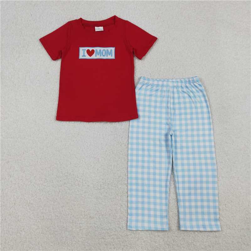 11.5 RTS NO MOQ (In stock)Matching BSPO0588 Embroidery I Love Mom Baby Boys Shirts Checked Pants Clothes Sets