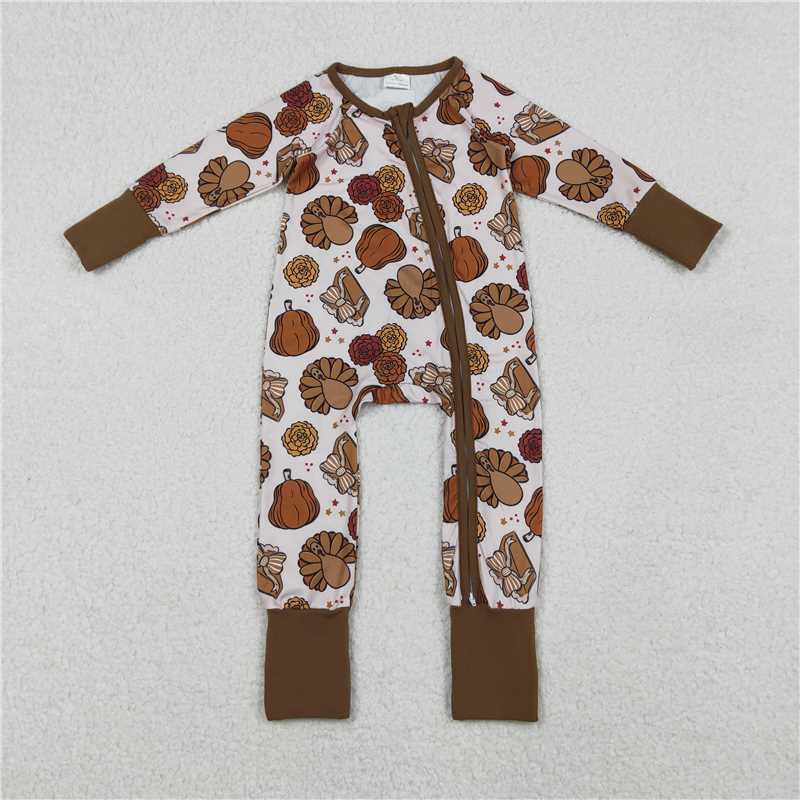 10.27 RTS NO MOQ (In stock)Matching Thanksgiving LR2690 Baby Boys Pie Turkey Pumpkins Thanksgiving Zipper Footie Rompers