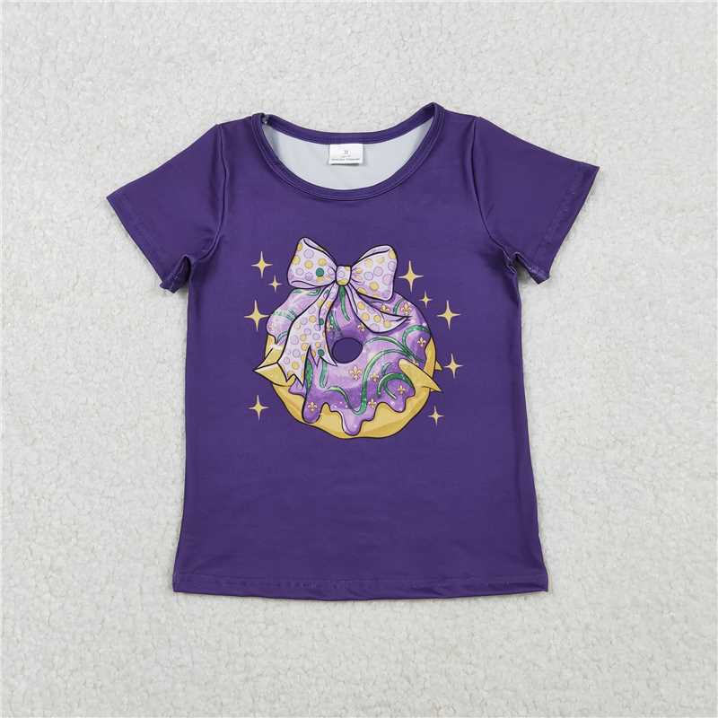 12.18 RTS NO MOQ (In stock)GT1252 Baby Girls Purple Short Sleeve Bow Donuts Mardigras Tee Shirts Top