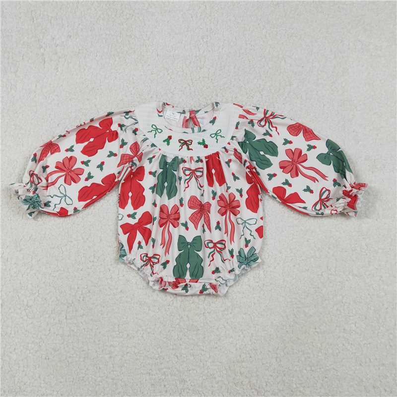 11.28 RTS NO MOQ (In stock)LR2217 Smocked Baby Girls Bows Holly Bows Plaid Christmas Ruffle Rompers