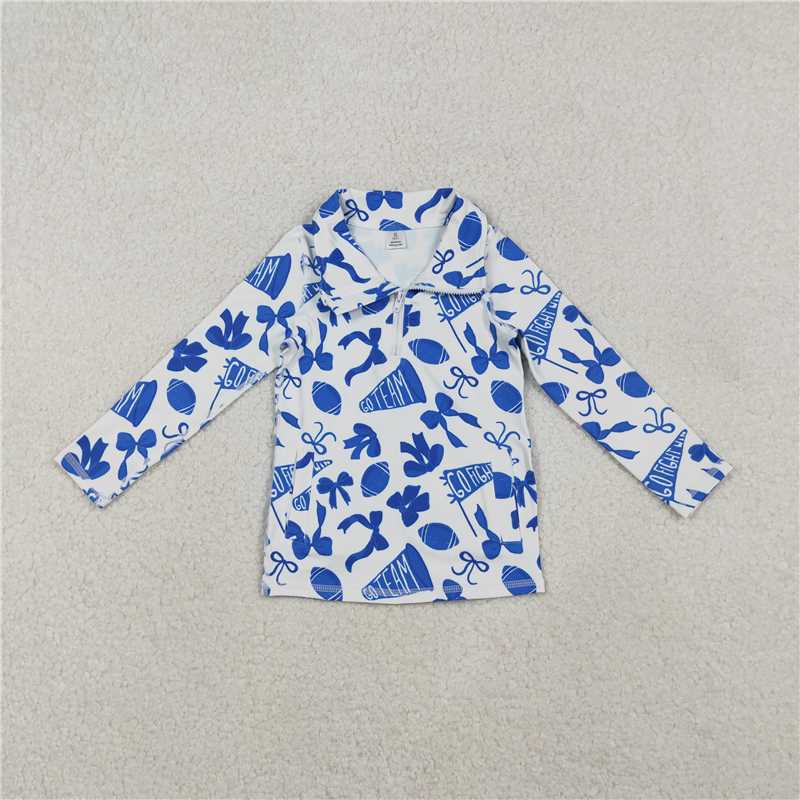 11.20 RTS NO MOQ (In stock)Matching GT1195 Baby Girls Blue Bows Footballs Go Team Yoga Active Zipper Pullovers Top