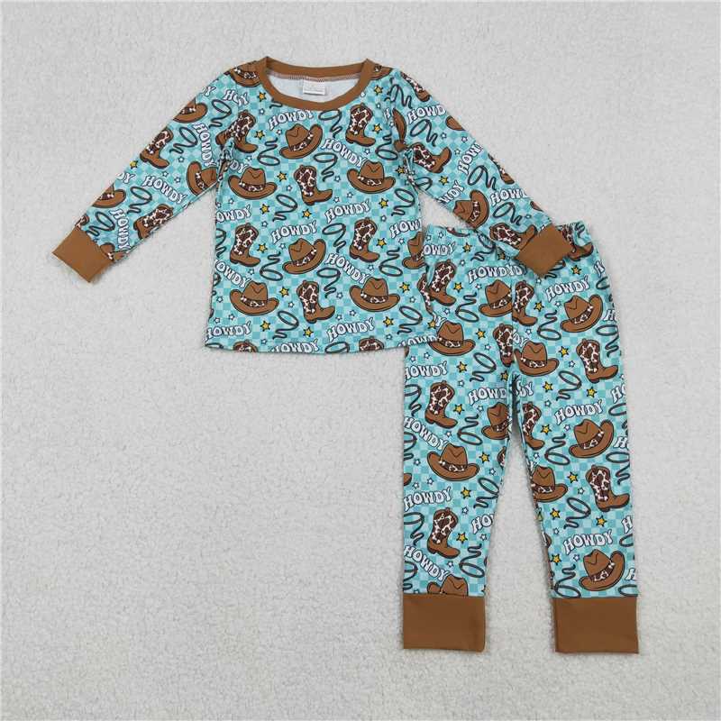 12.5 RTS NO MOQ (In stock)Matching BLP1207 Baby Boys Checked Howdy Hats Top Pants Western Pajamas Set