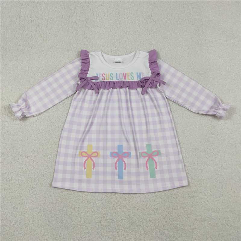 11.13 RTS NO MOQ (In stock)Matching GLD1356 Baby Girls Lavender Checked Jesus Love Me Cross Knee Length Dresses