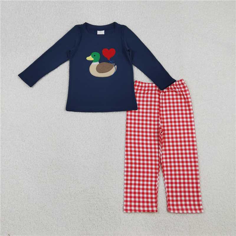 11.28 RTS NO MOQ (In stock)Matching Valentine BLP1304 Embroidery Hearts Ducks Baby Boys Navy Top Red Checked Pants Valentine Clothes Sets