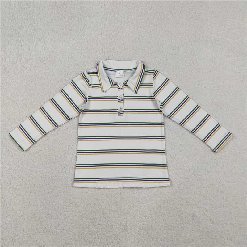 11.7 RTS NO MOQ (In stock)Matching Mardi gras BT1375 Baby Boys Mardigras Stripes Button Polo Shirts Top