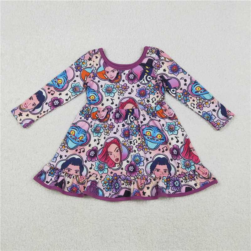11.7 RTS NO MOQ (In stock)Matching GLD1351 Baby Girls Cartoon Girls Music Flowers Ruffle Knee Length Dresses