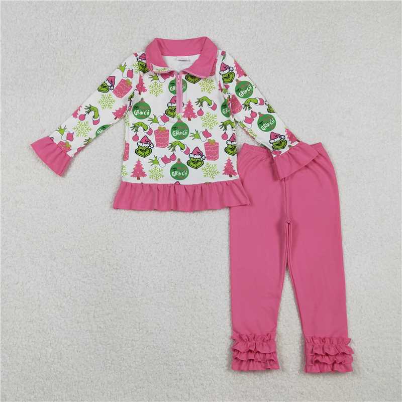12.4 RTS NO MOQ (In stock)GLP2734 Baby Girls Grin Gifts Disco Zipper Pullover Ruffle Leggings Christmas Clothes Set