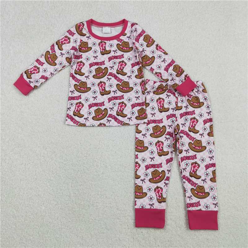 12.5 RTS NO MOQ (In stock)Matching GLP2664 Baby Girls Pink Checked Flowers Howdy Top Pant Western Pajamas Sets