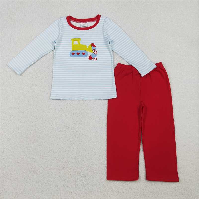 12.16 RTS NO MOQ (In stock)BT0123 Embroidery Hearts Excavator Baby Boys Stripe Top Pants Valentine Clothes Sets