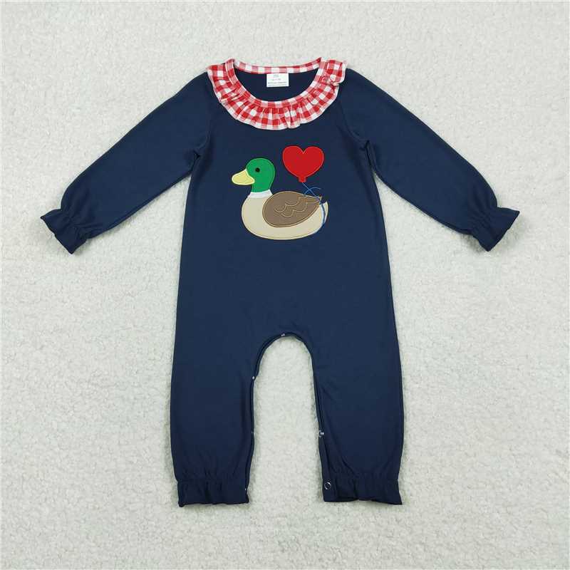11.28 RTS NO MOQ (In stock)Matching Valentines LR2720 Embroidery Heart Ducks Baby Girls Valentines Collar Ruffle Footie Rompers