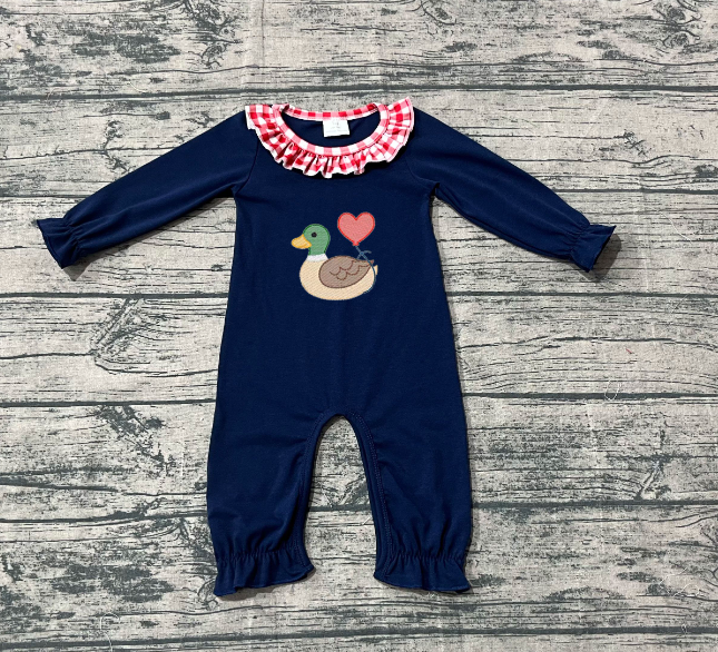 11.19 RTS NO MOQ (In stock)Matching Valentine LR2720 Embroidery Heart Ducks Baby Girls Ruffle Collar Footie Rompers
