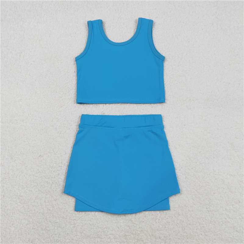 12.13 RTS NO MOQ (In stock)Matching GSD2659 Baby Girls Blue Vest Top Skirt Shorts Bottom Active Active Clothes Yoga Set