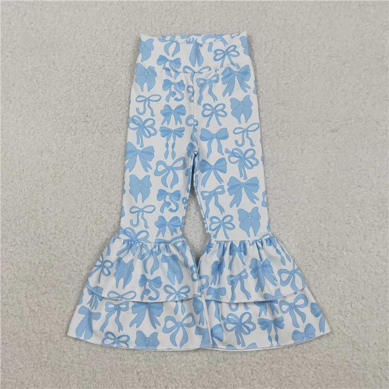 12.20 RTS NO MOQ (In stock)Matching P0886 Baby Girls Blue Bows Yoga Active Ruffle Bell Bottom Pants