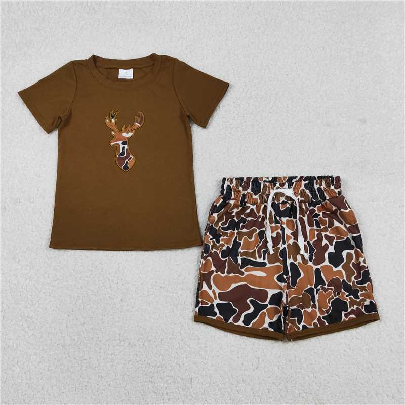 12.27 RTS NO MOQ (In stock)Matching BSSO1575 Embroidery Camo Deer Baby Boys Brown Top Shorts Hunting Clothes Sets