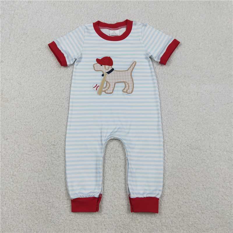 USA Warehouse (IN STOCK) SR3330 Baby Boys Summer Embroidery Dog Baseballs Stripe Team Footie Rompers