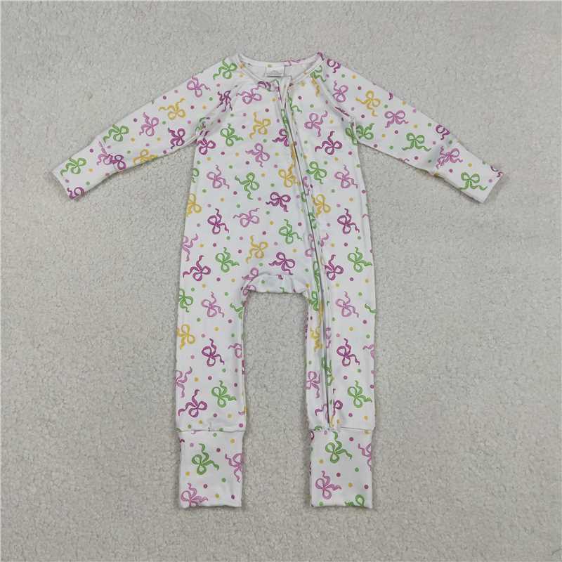 12.18 RTS NO MOQ (In stock)LR2735 Baby Girls Mardigras Bows Polka Dots Two Way Zip Convertible Rompers
