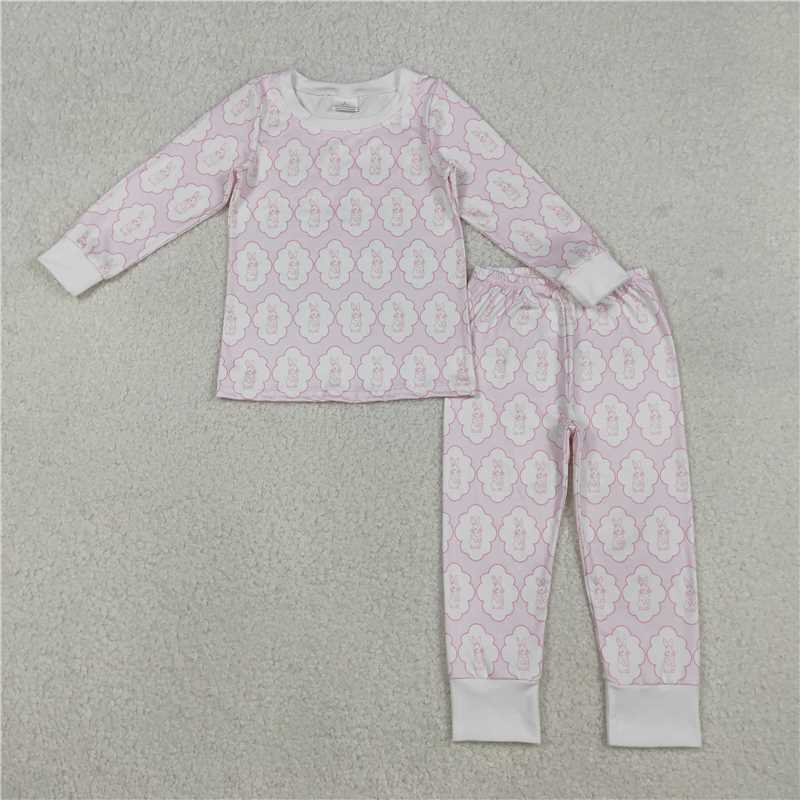 12.24 RTS NO MOQ (In stock)GLP3067 Baby Girls Pink Rabbits Eggs Checked Top Pants Easter Pajamas Sets