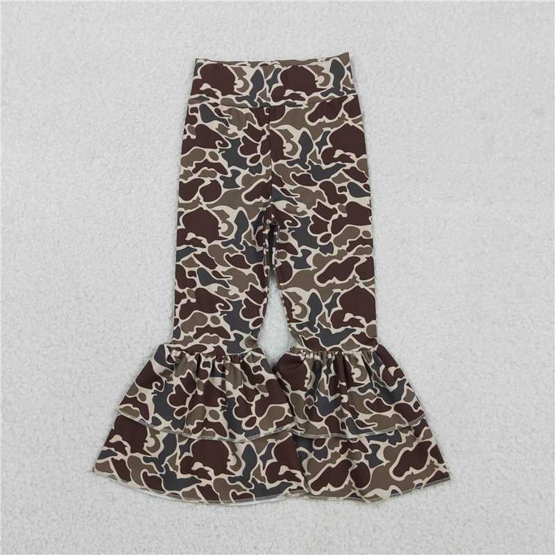 12.20 RTS NO MOQ (In stock)Matching P0888 Baby Girls Dark Khaki Camo Yoga Active Ruffle Bell Bottom Pants