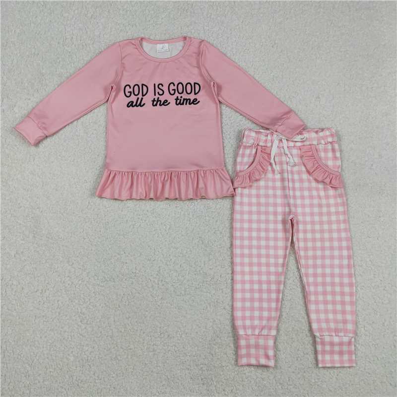 12.18 RST Sibling Baby Girls God is Good Top Pockets Checked Legging Pants Clothes Sets