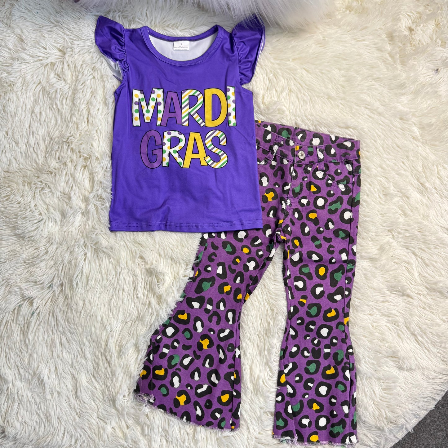 1.10 RST GT0814 + P0313 Baby Girls Mardi Gras Purple Tee Shirts Tops Leopard Bell Denim Pants Jeans(副本)