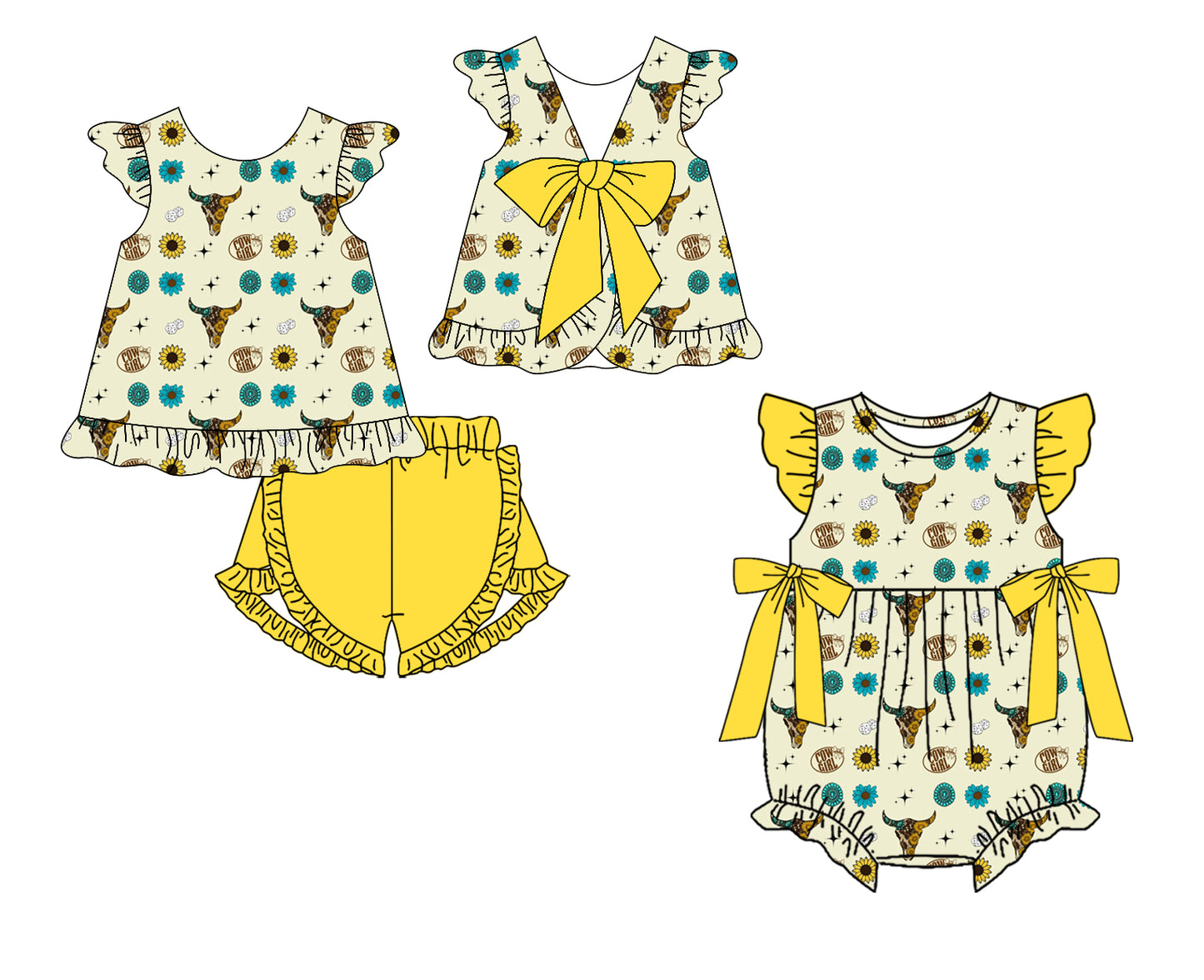 CUSTOM MOQ 5 Sibling Baby Girls Yellow Cow Flowers Checked Tunic Ruffle Shorts Clothes Set Rompers