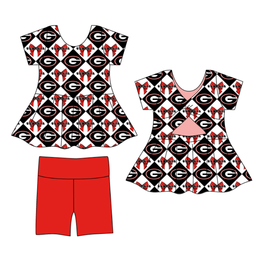 CUSTOM MOQ 5 Baby Girl Clothes Orange Bow Plaid Team Short Sleeve Shorts Yoga Active Clothes Sets