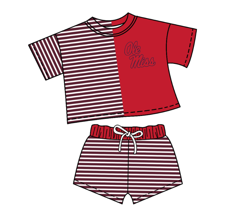 CUSTOM MOQ 5 Baby Kids Summer Dark Red Stripe Top Shorts Clothes Sets