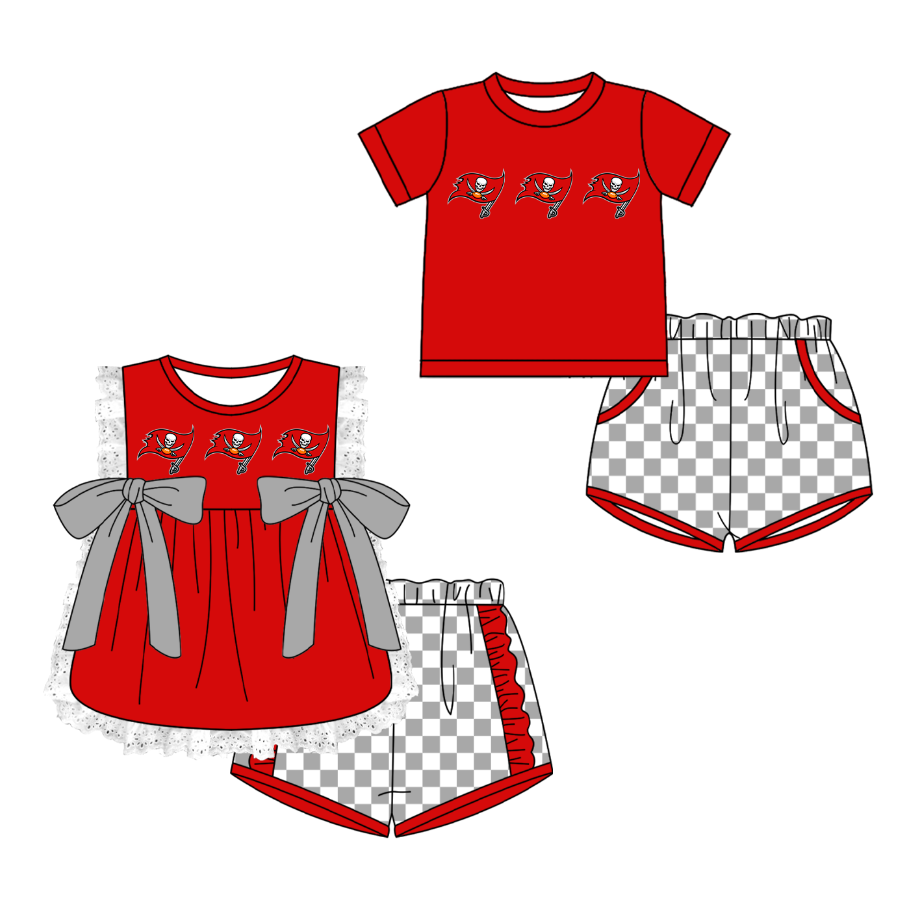 CUSTOM MOQ 5 Cute Kids Clothing Sibling Boys Baby Girls Summer Red Top Gray Checked Shorts Team Clothes Sets