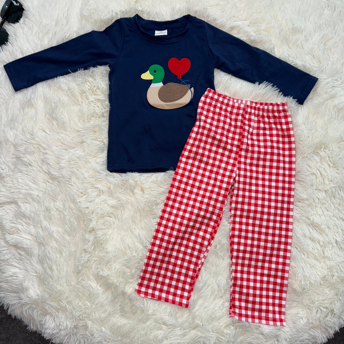11.3 RST BLP1304 Embroidery Hearts Ducks Baby Boys Navy Top Red Checked Pants Valentine Clothes Sets