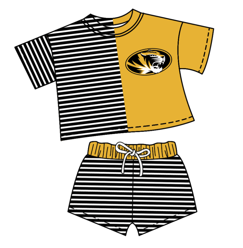 CUSTOM MOQ 5 Baby Kids Summer Black Yellow Stripe Top Shorts Clothes Sets