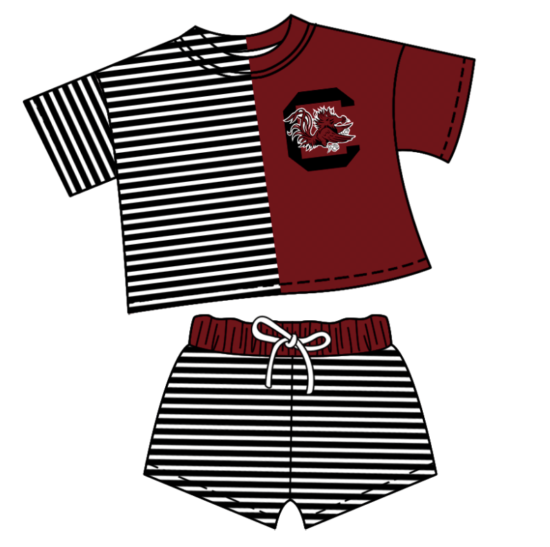 CUSTOM MOQ 5 Baby Kids Summer Black Red C Stripe Top Shorts Clothes Sets