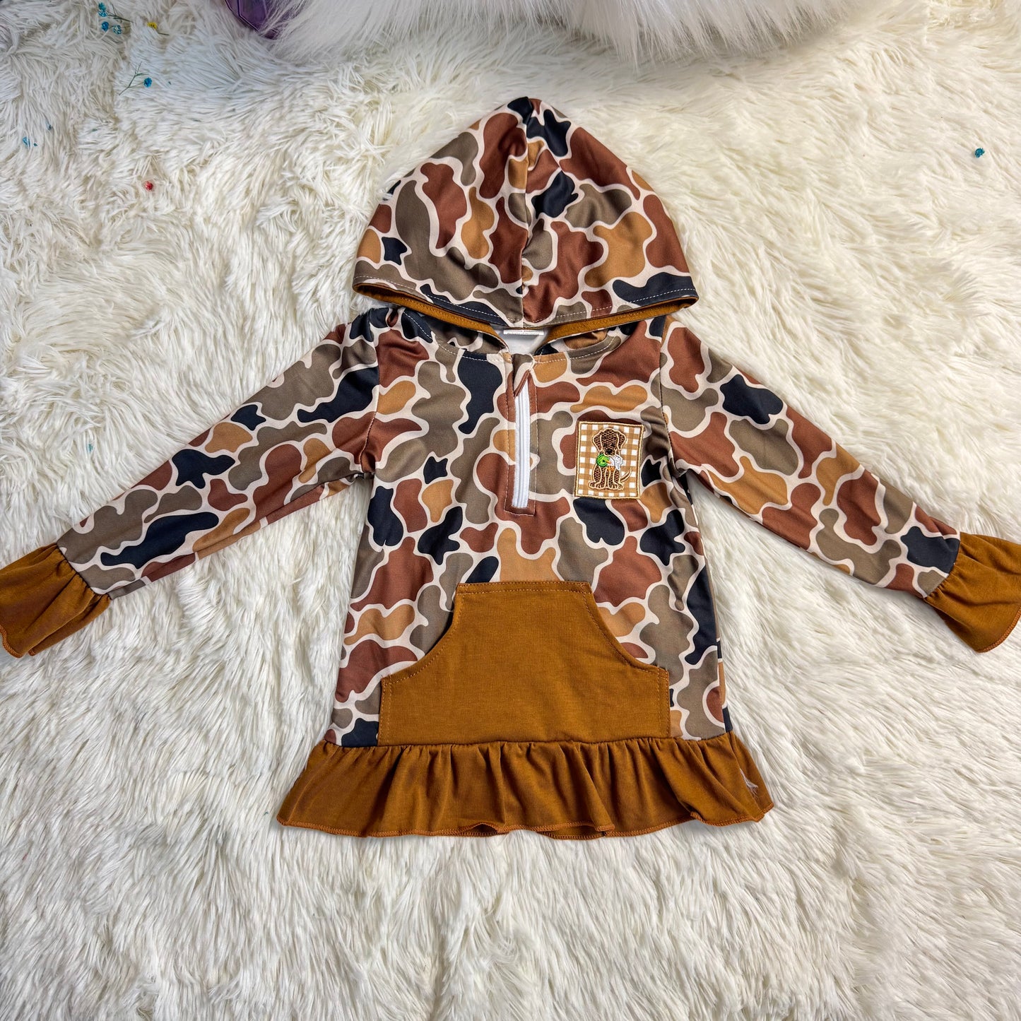 12.27 RST GT1132 Embroidery Dog Ducks Baby Girls Brown Camo Pocket Zip Hunting Hoodies Top